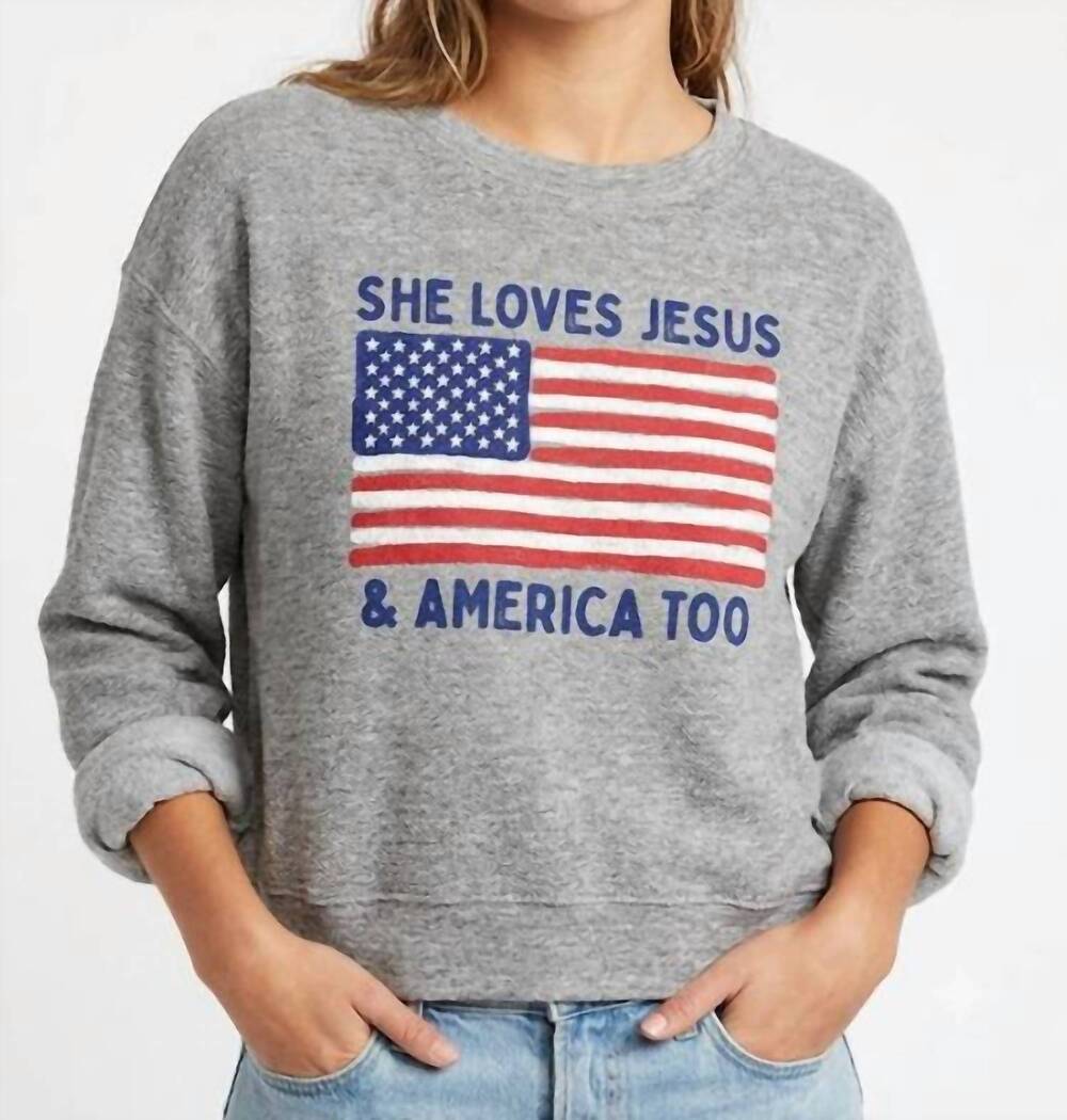 NEW OAT COLLECTIVE she loves jesus and america mid cropped graphic sweatshirt in